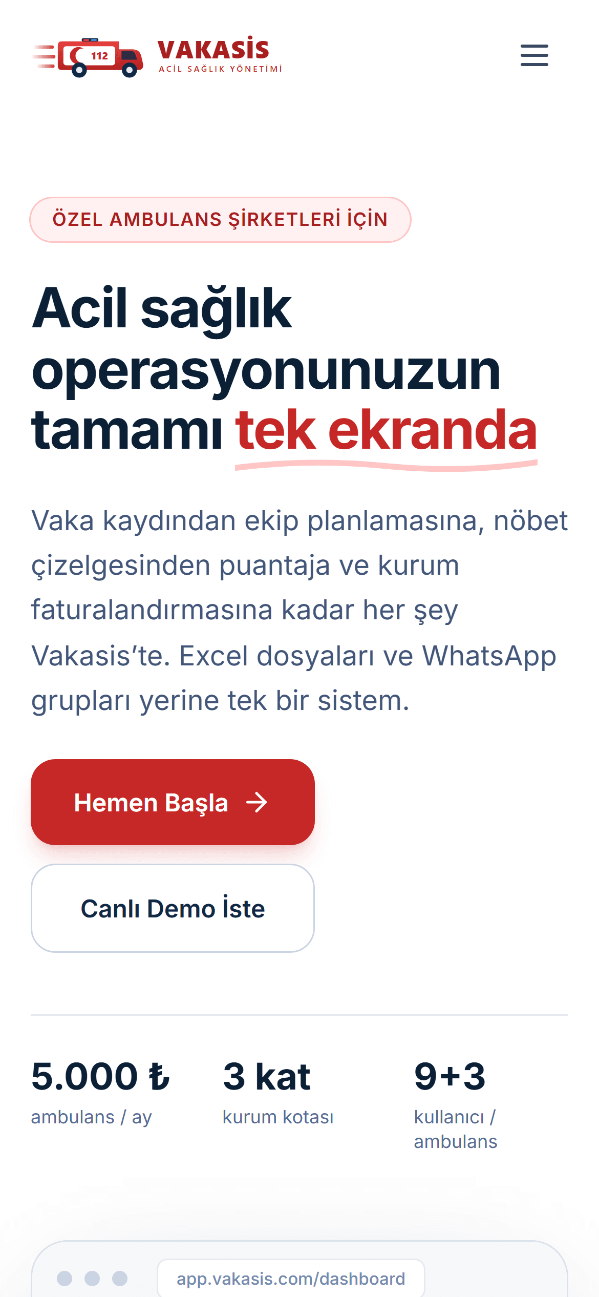 Vakasis — Acil Sağlık Yönetim Sistemi — mobil görünüm